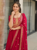 Awesome Rani Pink Zari Embroidered Vichitra Silk Gown With Dupatta - Zeel Clothing