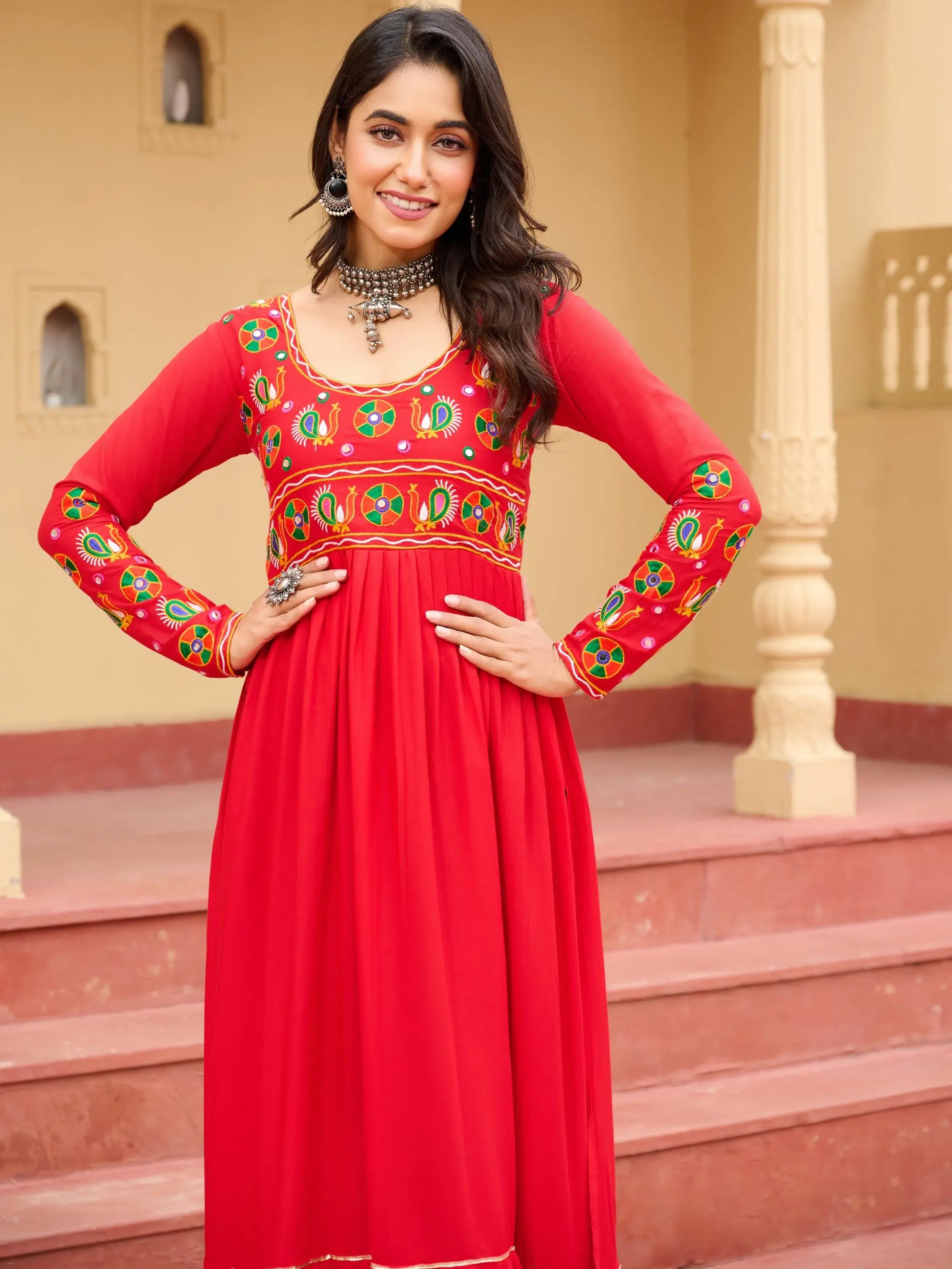Awesome Red Kutchi Gamthi Work Rayon Traditional Long Kurti - Zeel Clothing
