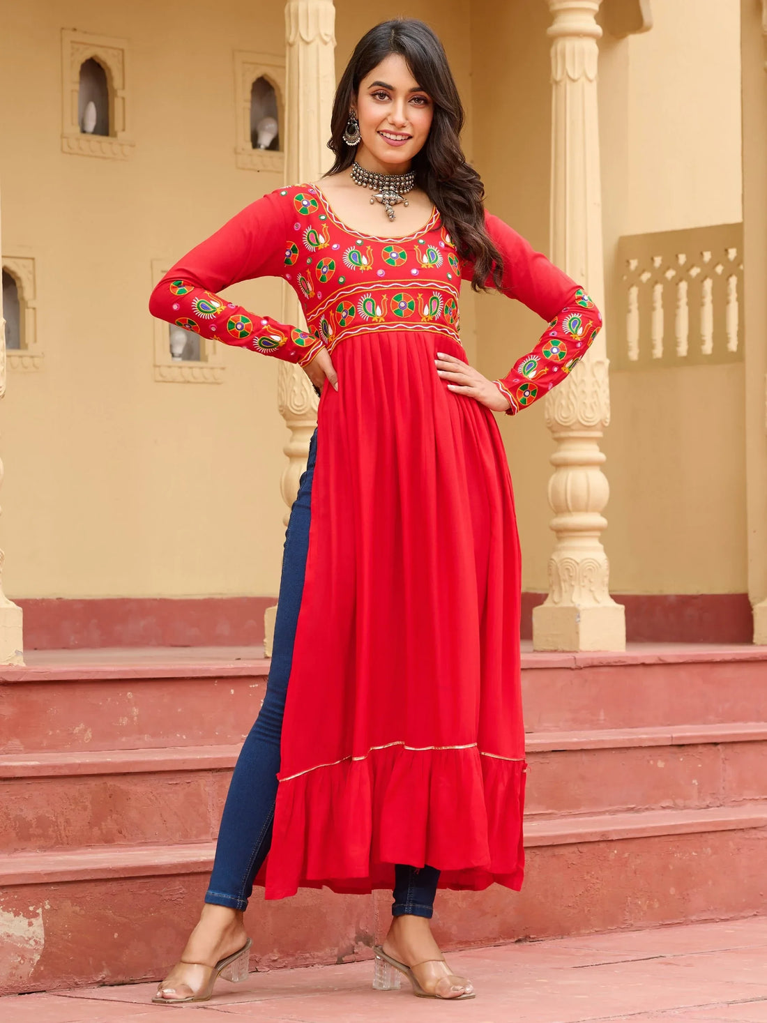 Awesome Red Kutchi Gamthi Work Rayon Traditional Long Kurti - Zeel Clothing