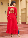 Awesome Red Kutchi Gamthi Work Rayon Traditional Long Kurti - Zeel Clothing