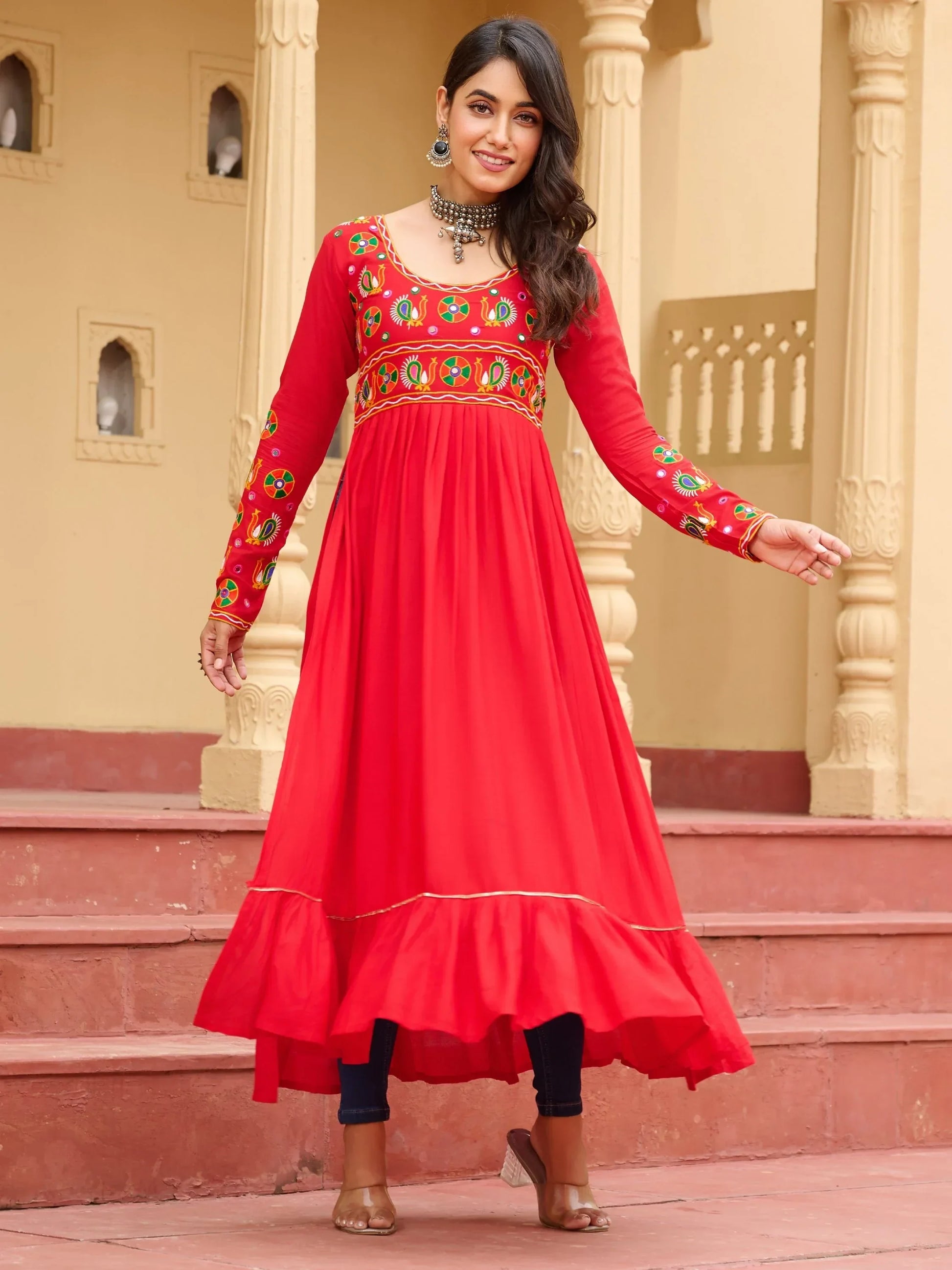 Awesome Red Kutchi Gamthi Work Rayon Traditional Long Kurti - Zeel Clothing