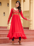 Awesome Red Kutchi Gamthi Work Rayon Traditional Long Kurti - Zeel Clothing