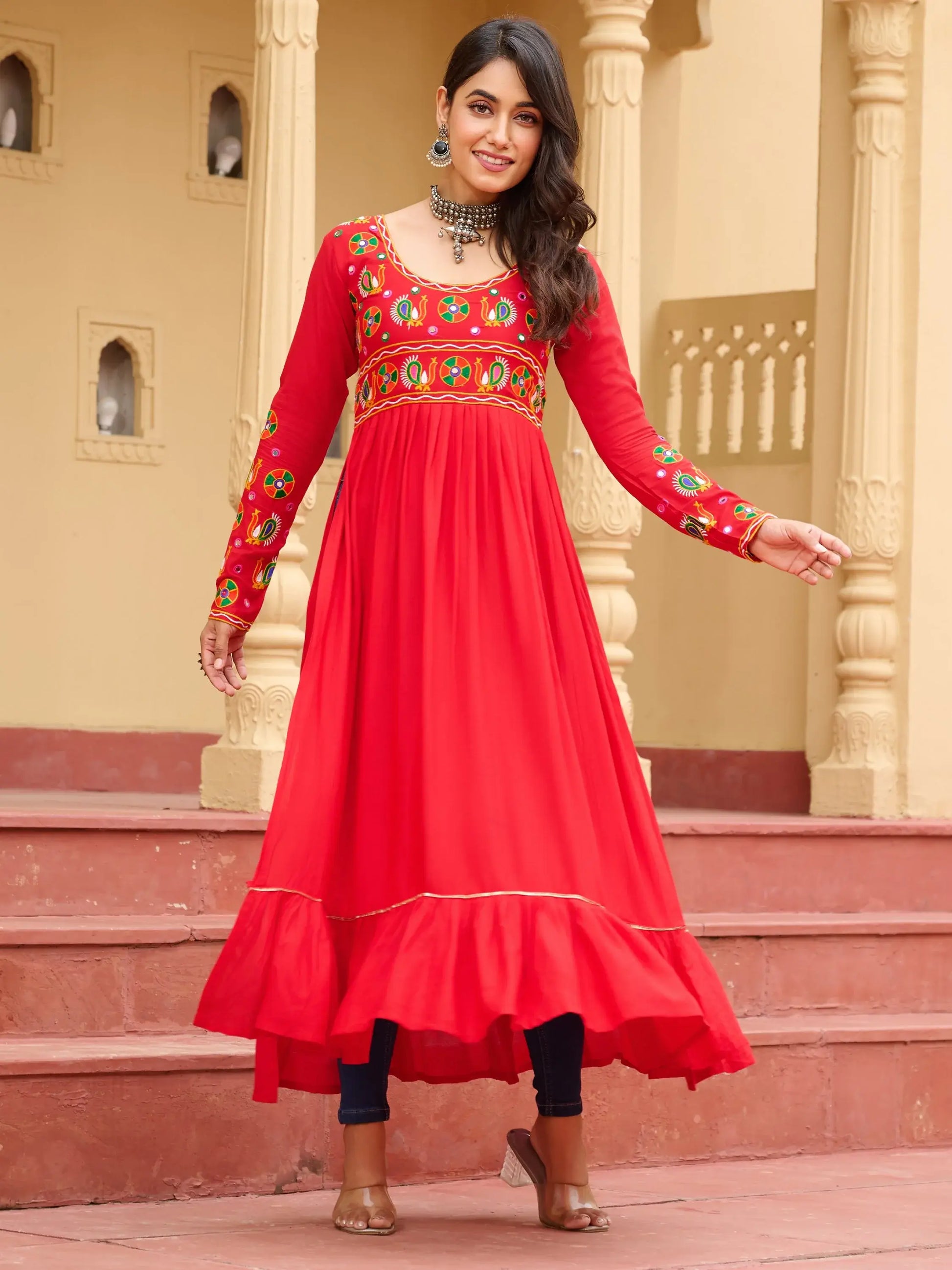 Awesome Red Kutchi Gamthi Work Rayon Traditional Long Kurti - Zeel Clothing