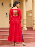 Awesome Red Kutchi Gamthi Work Rayon Traditional Long Kurti - Zeel Clothing
