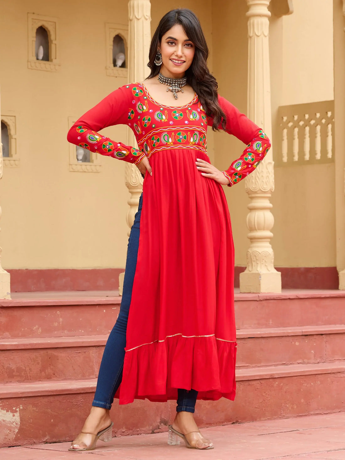 Awesome Red Kutchi Gamthi Work Rayon Traditional Long Kurti - Zeel Clothing