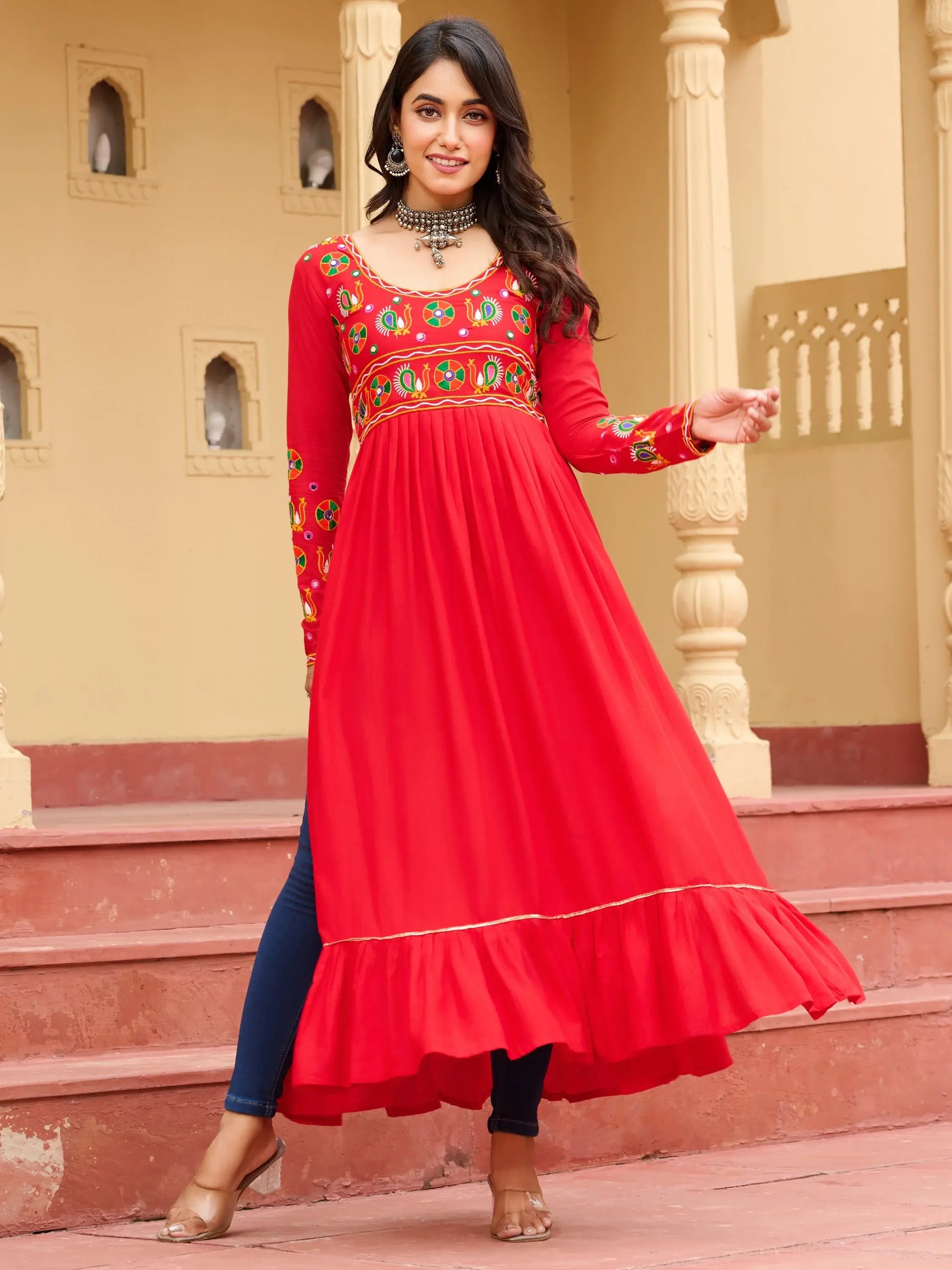 Awesome Red Kutchi Gamthi Work Rayon Traditional Long Kurti - Zeel Clothing