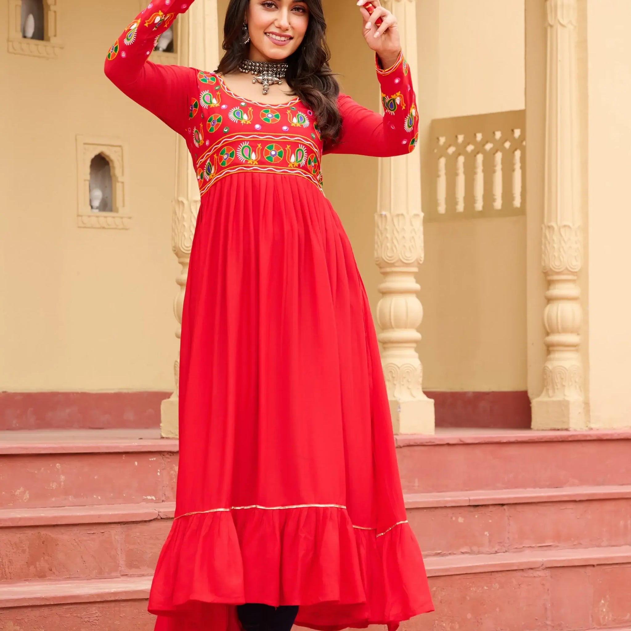 Awesome Red Kutchi Gamthi Work Rayon Traditional Long Kurti - Zeel Clothing