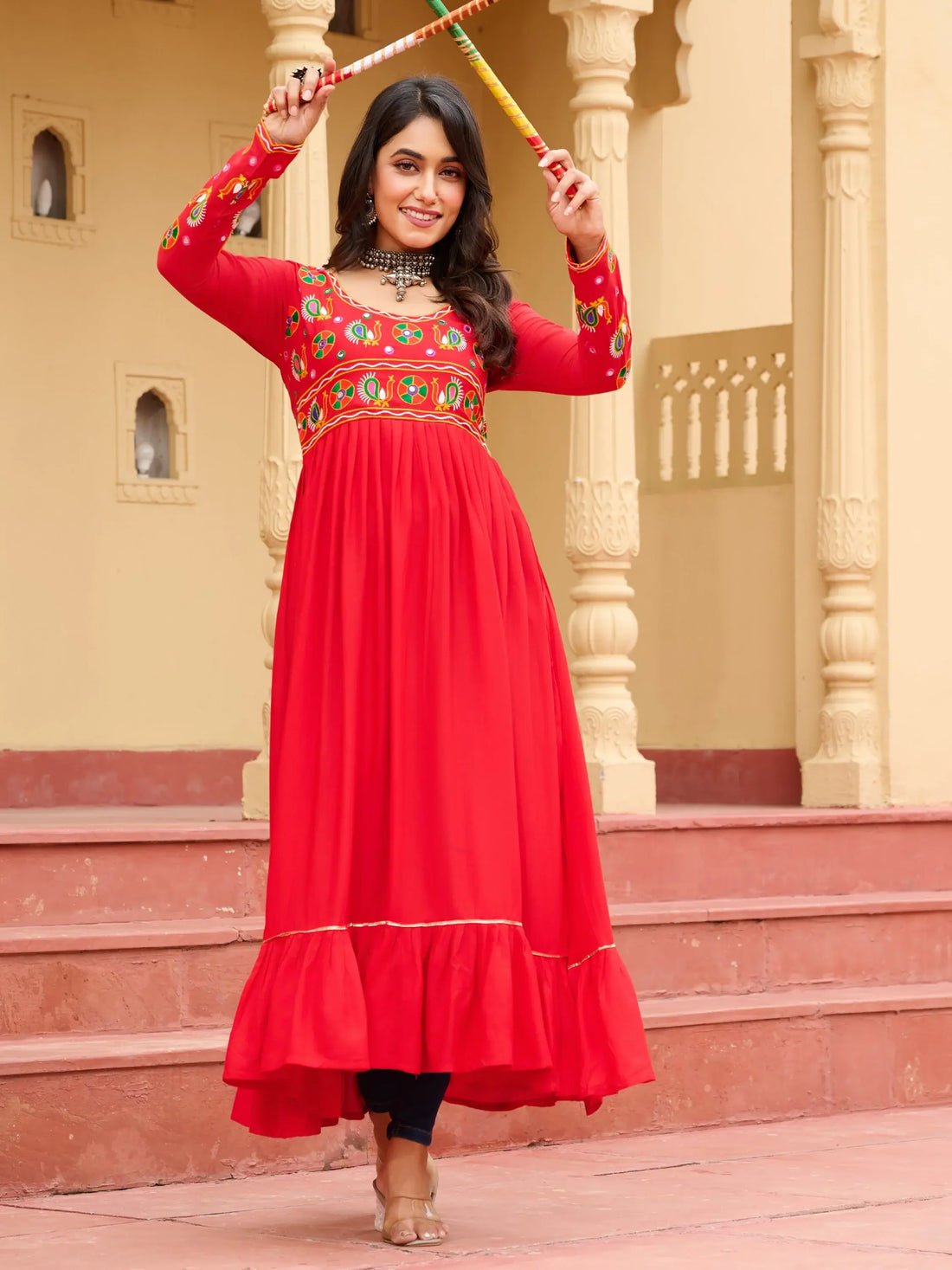 Awesome Red Kutchi Gamthi Work Rayon Traditional Long Kurti - Zeel Clothing