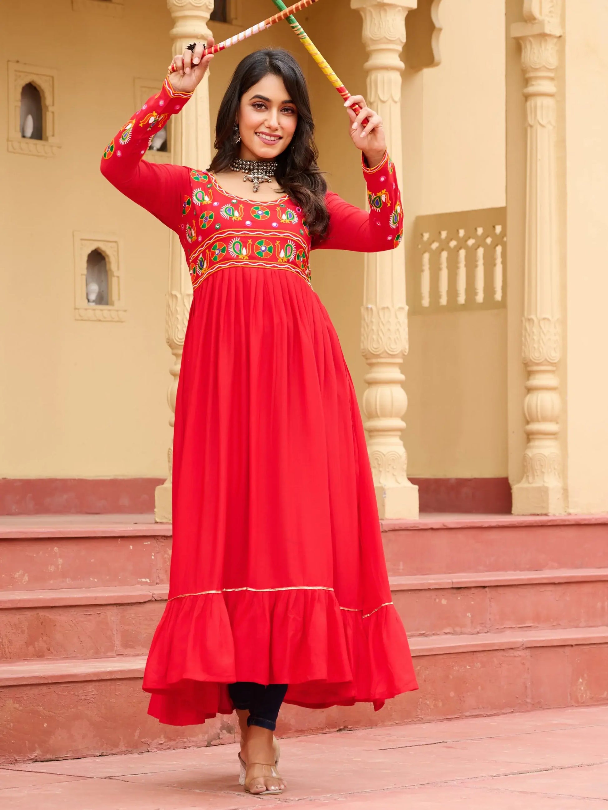 Awesome Red Kutchi Gamthi Work Rayon Traditional Long Kurti - Zeel Clothing