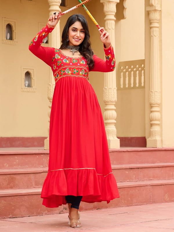 Awesome Red Kutchi Gamthi Work Rayon Traditional Long Kurti - Zeel Clothing