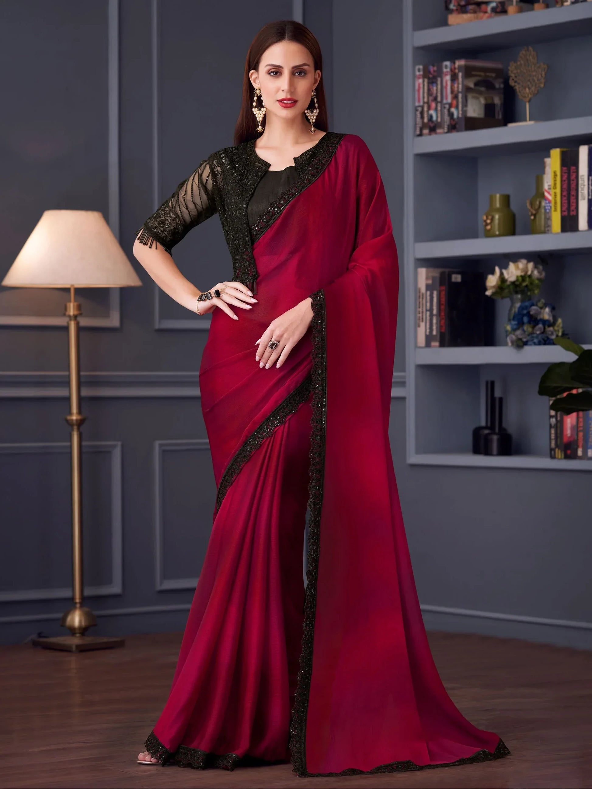 Awesome Red Sequins Chiffon Reception Wear Saree With Blouse - Zeel Clothing