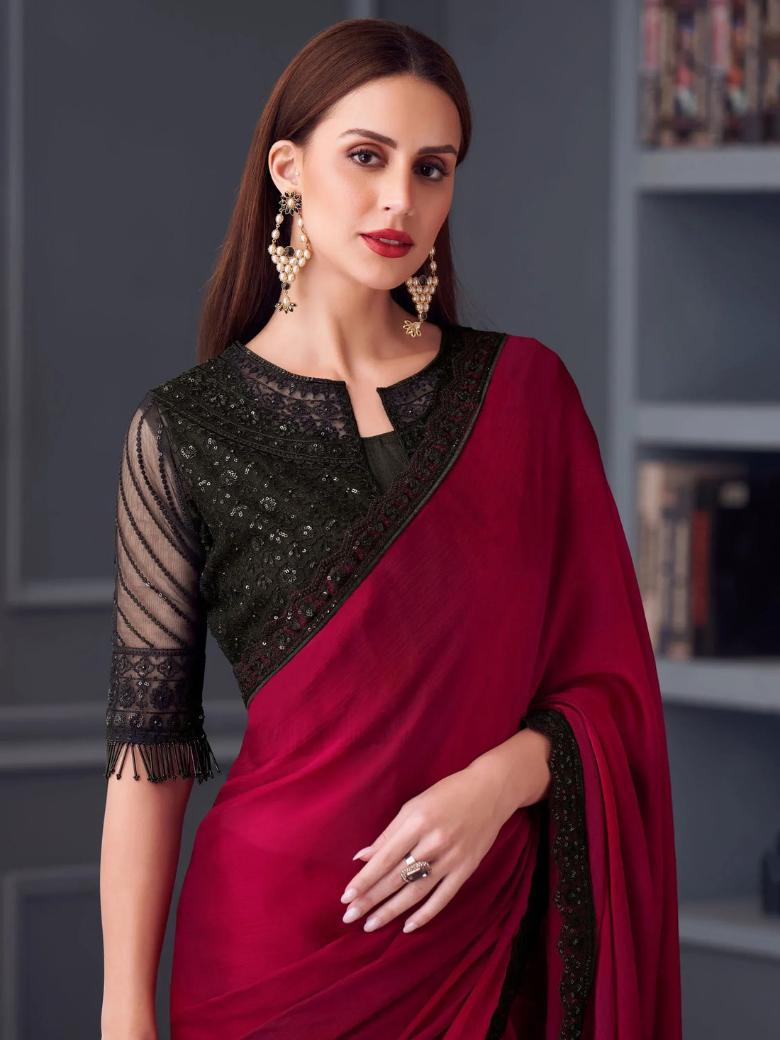 Awesome Red Sequins Chiffon Reception Wear Saree With Blouse - Zeel Clothing