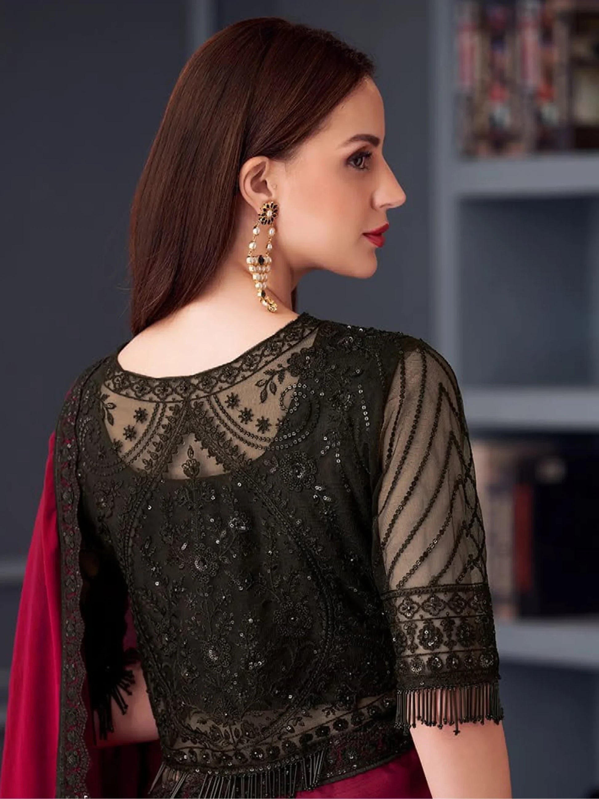 Awesome Red Sequins Chiffon Reception Wear Saree With Blouse - Zeel Clothing