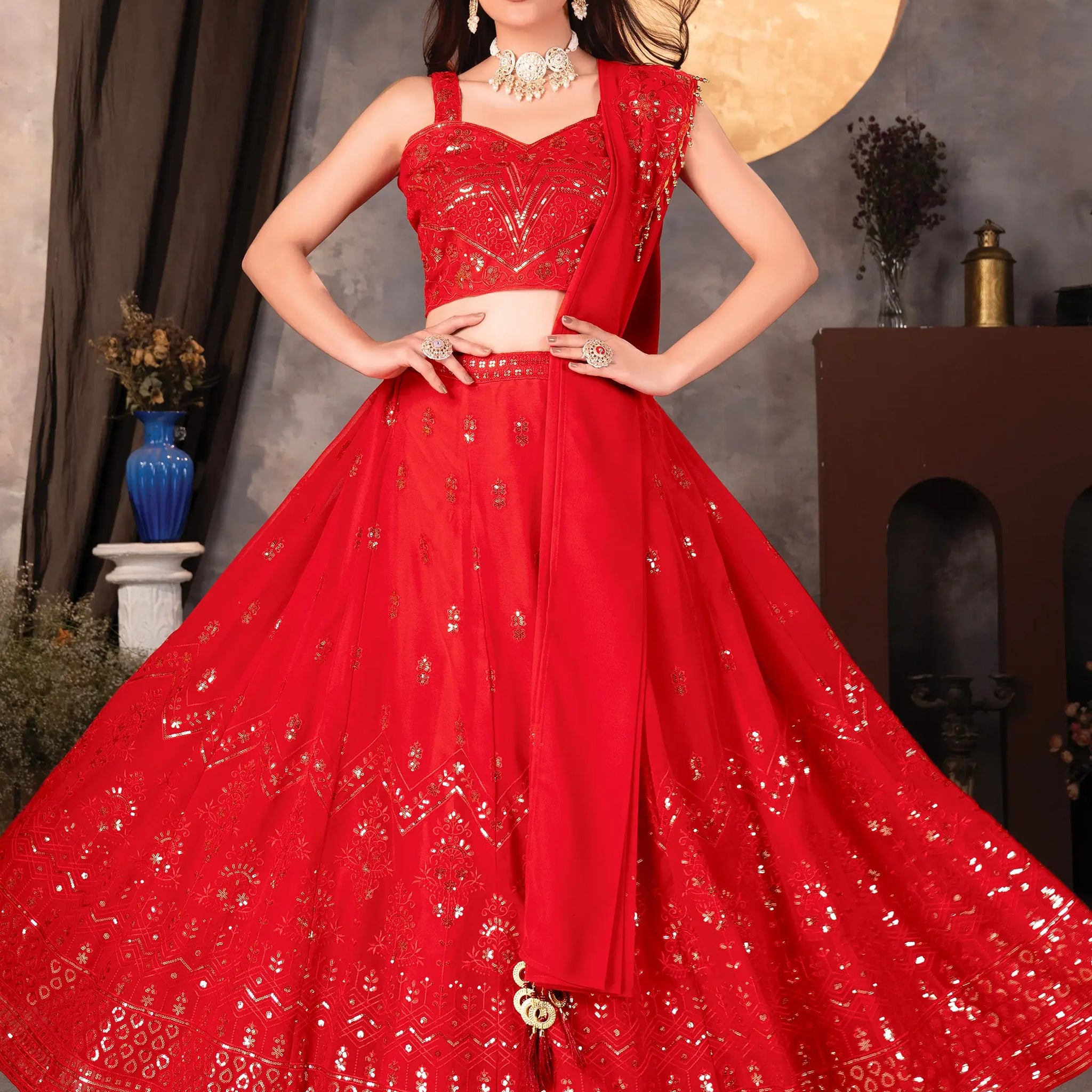 Awesome Red Sequins Georgette Wedding Lehenga Choli With Dupatta - Zeel Clothing