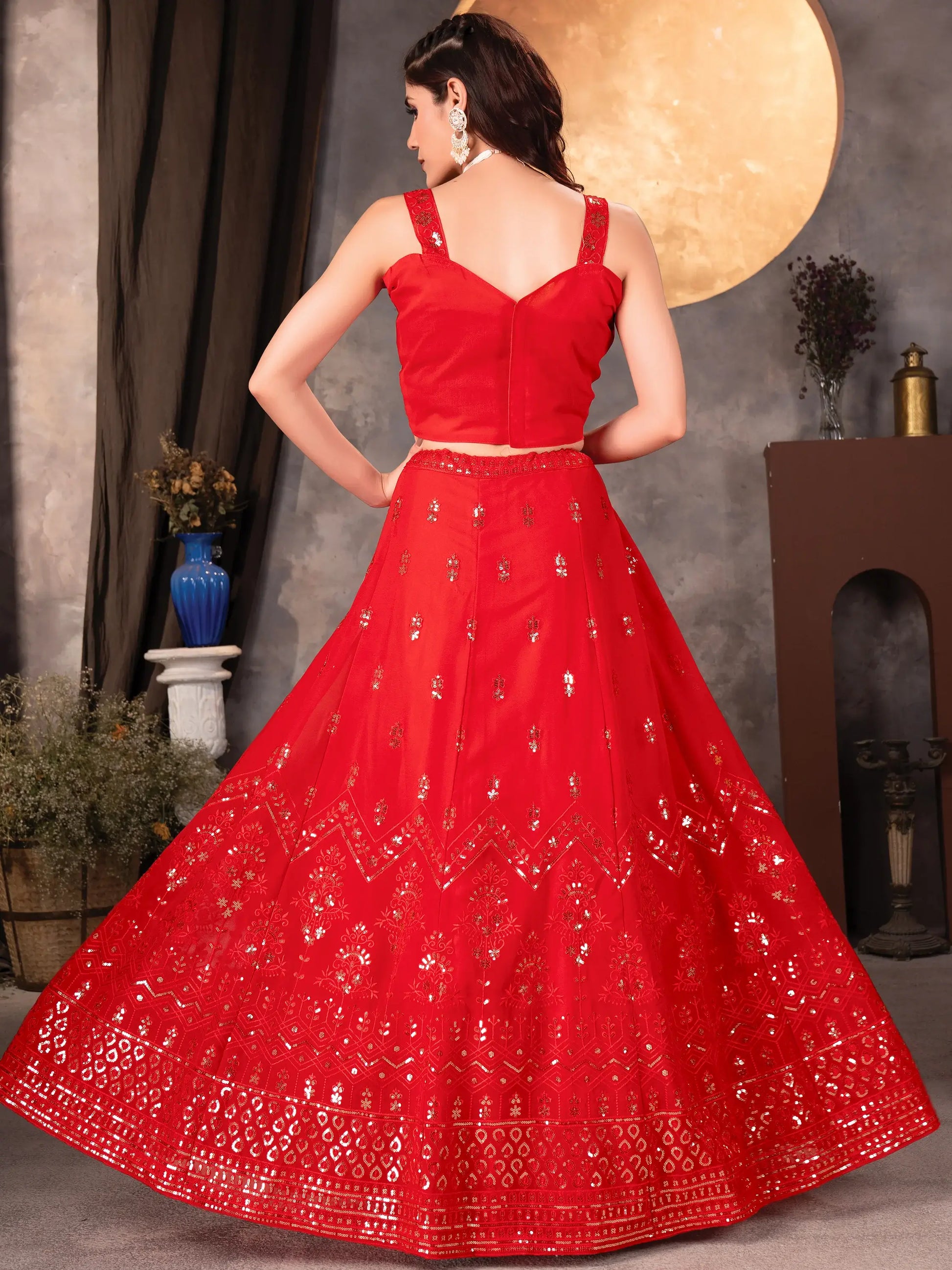 Awesome Red Sequins Georgette Wedding Lehenga Choli With Dupatta - Zeel Clothing