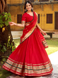 Awesome Red Zari Weaving Chanderi Wedding Wear Half Saree Lehenga With Dupatta