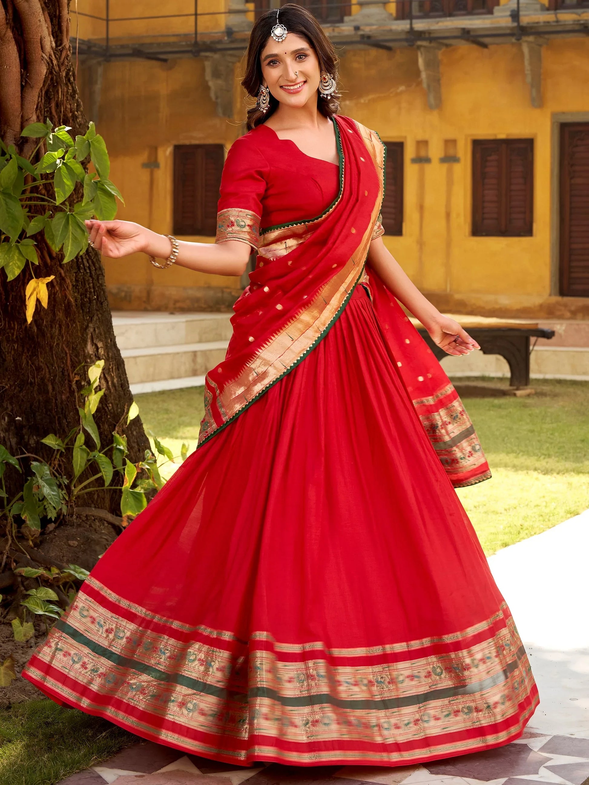 Awesome Red Zari Weaving Chanderi Wedding Wear Half Saree Lehenga With Dupatta