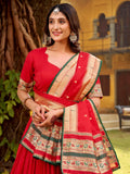 Awesome Red Zari Weaving Chanderi Wedding Wear Half Saree Lehenga With Dupatta