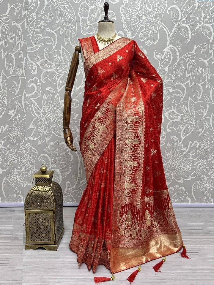 Awesome Red Zari Weaving Silk Engagement Wear Saree With Blouse