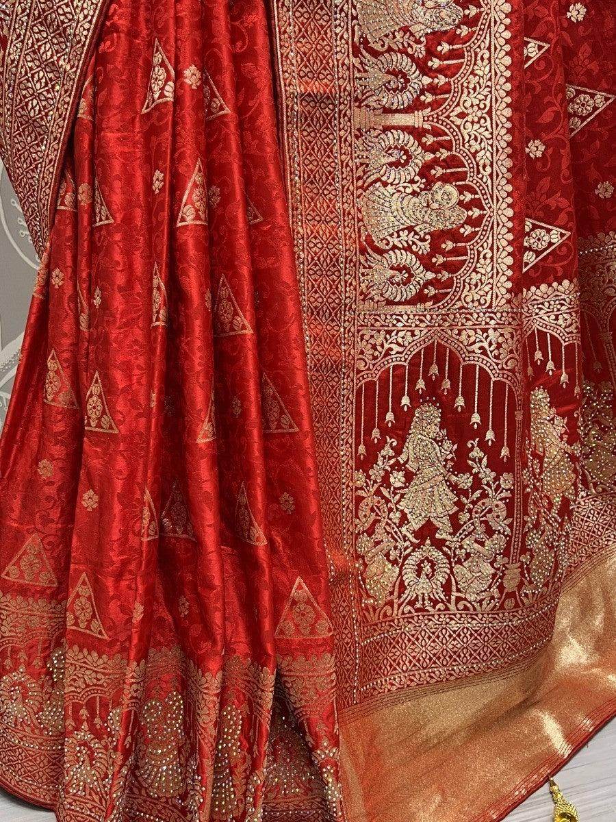 Awesome Red Zari Weaving Silk Engagement Wear Saree With Blouse - Zeel Clothing