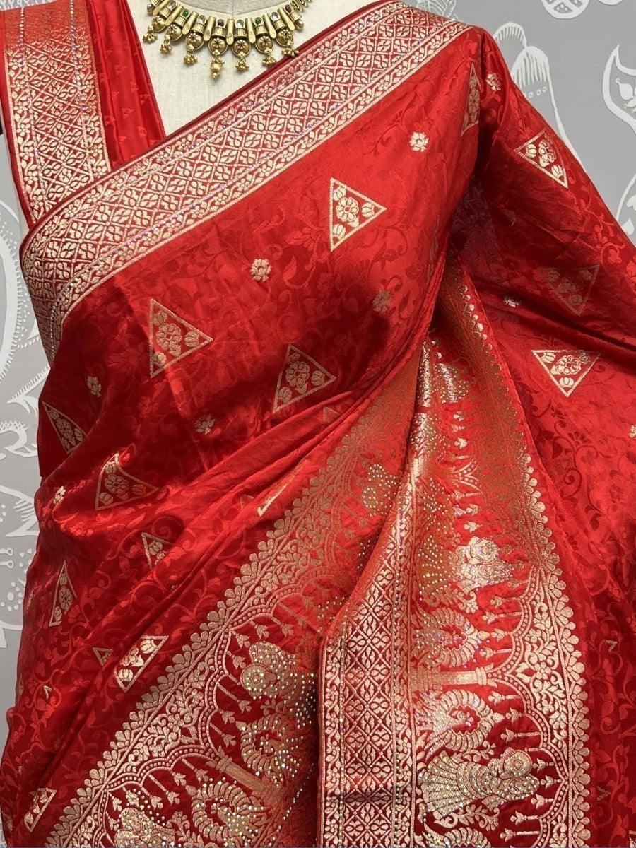 Awesome Red Zari Weaving Silk Engagement Wear Saree With Blouse