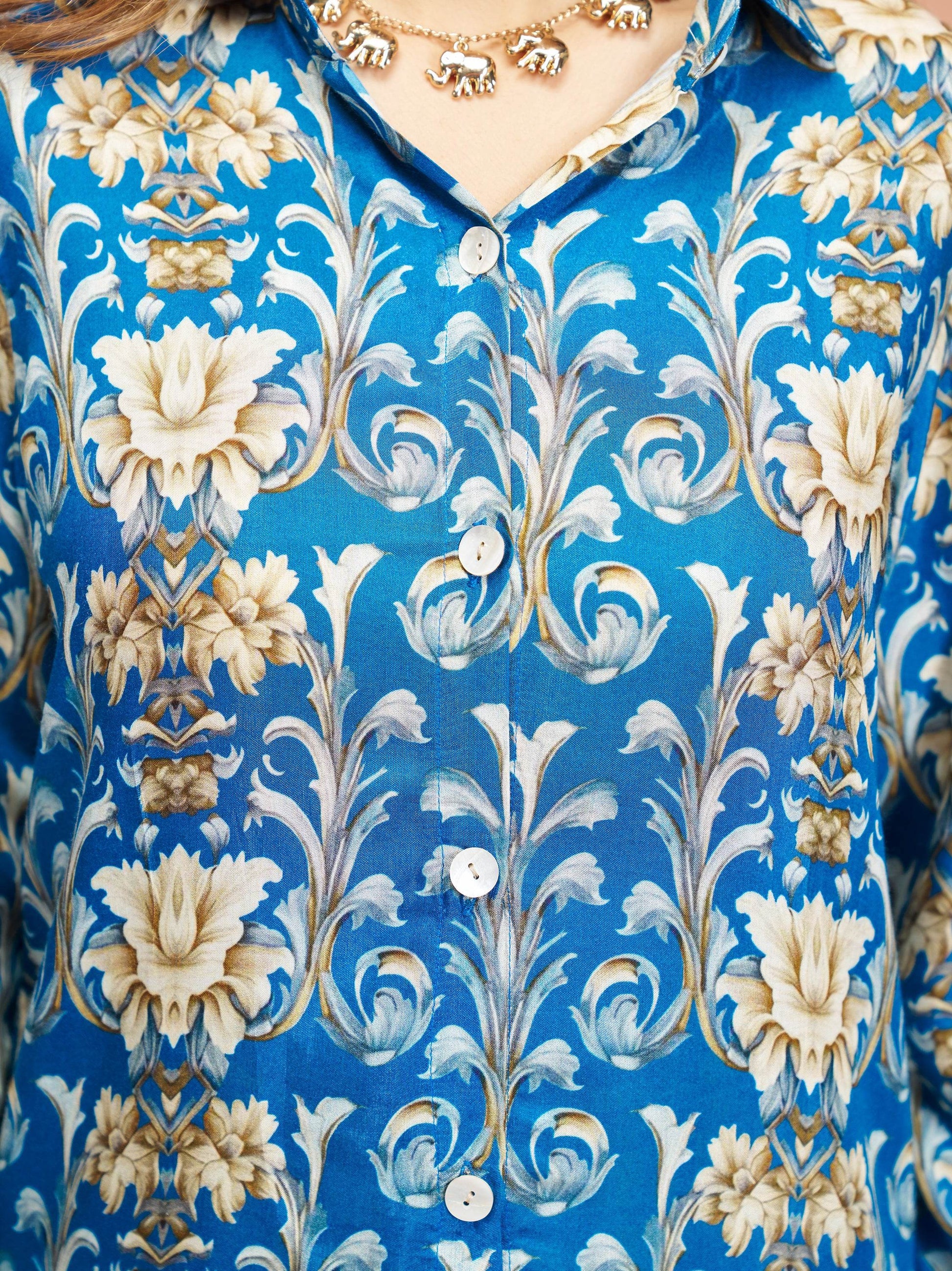 Awesome Royal Blue Printed Muslin Silk Casual Wear Co-Ord Set - Zeel Clothing