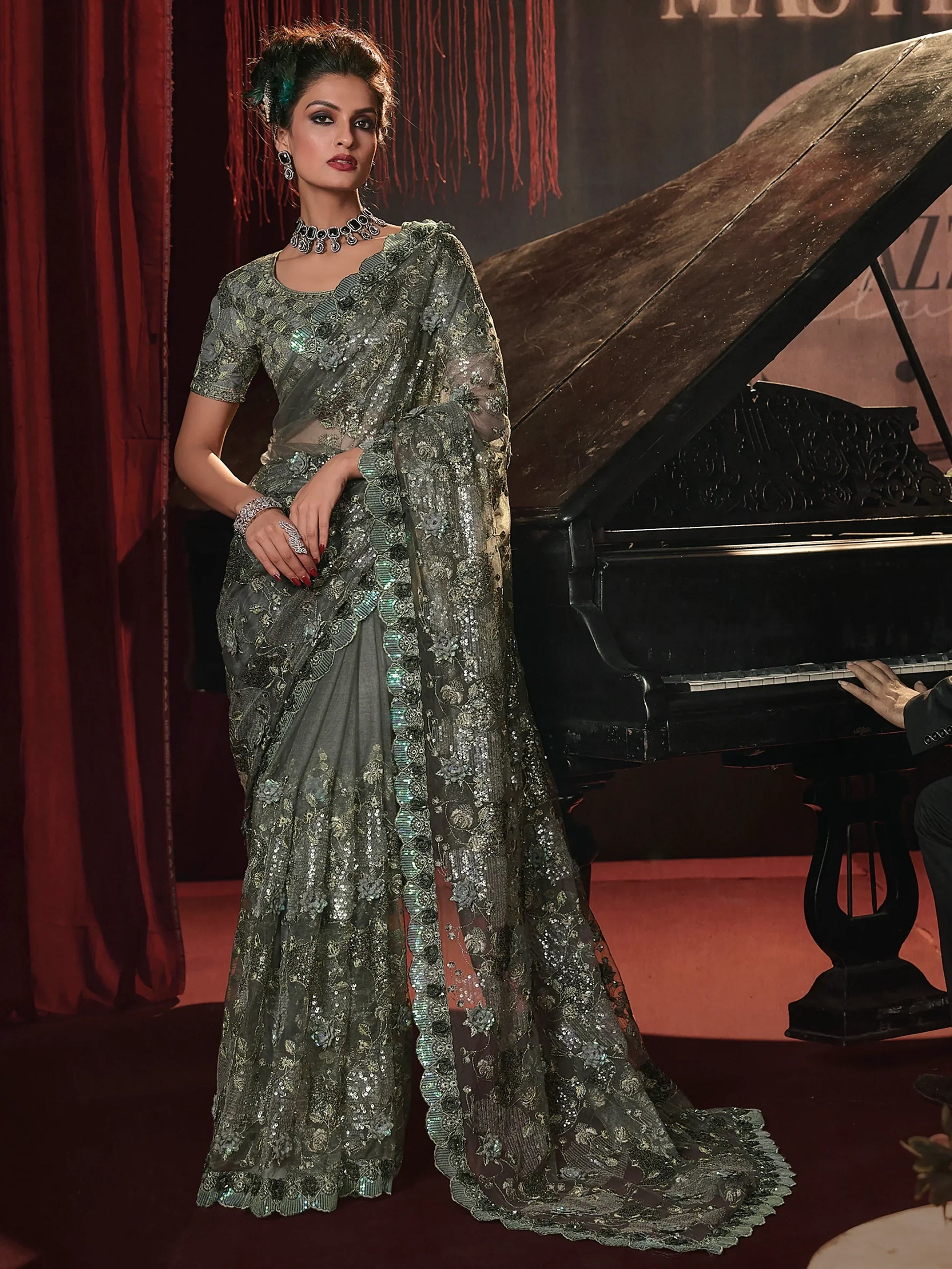Awesome Sage Green Sequins Net Reception Wear Saree - Zeel Clothing