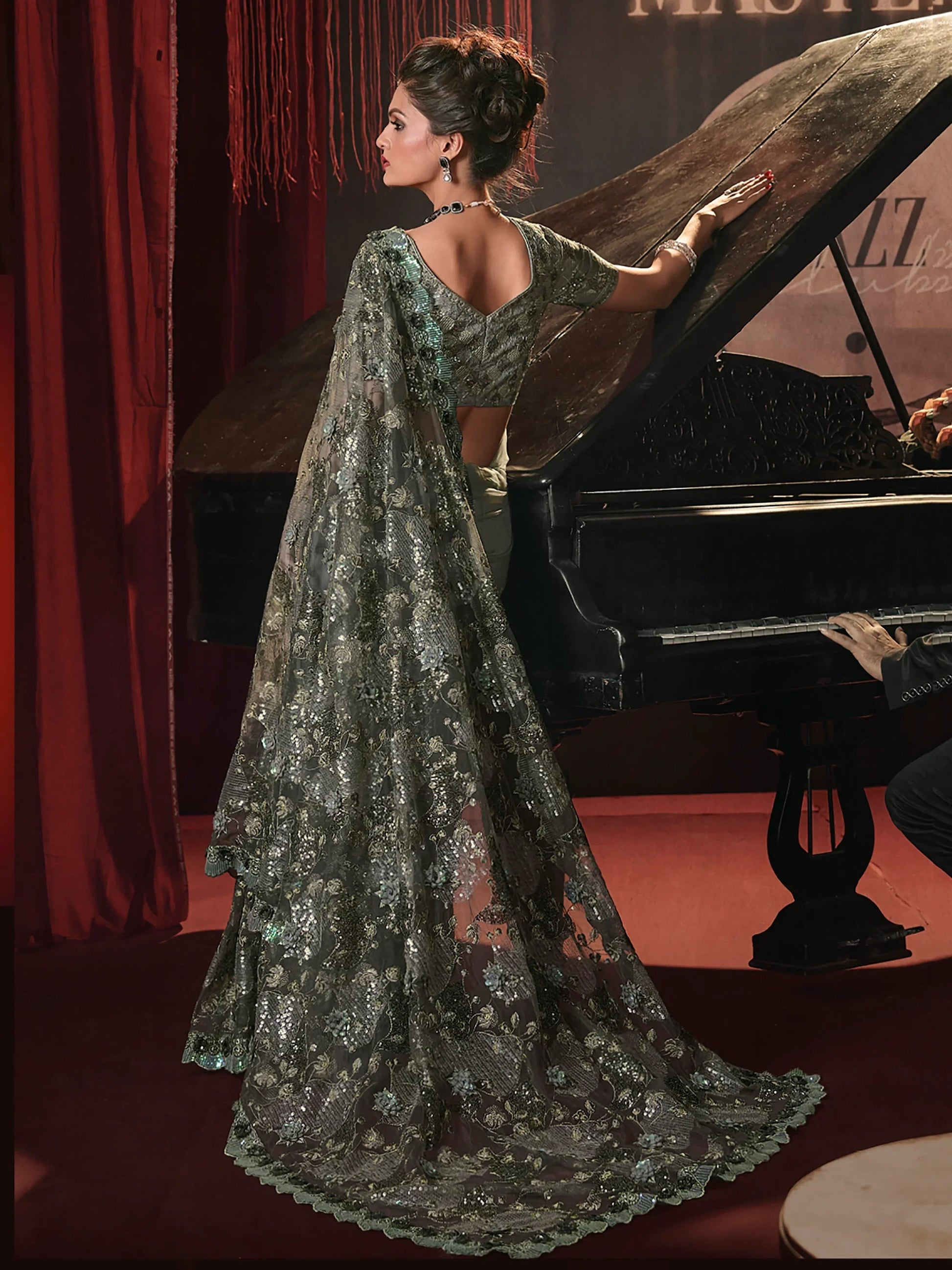 Awesome Sage Green Sequins Net Reception Wear Saree - Zeel Clothing