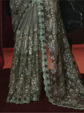 Awesome Sage Green Sequins Net Reception Wear Saree - Zeel Clothing