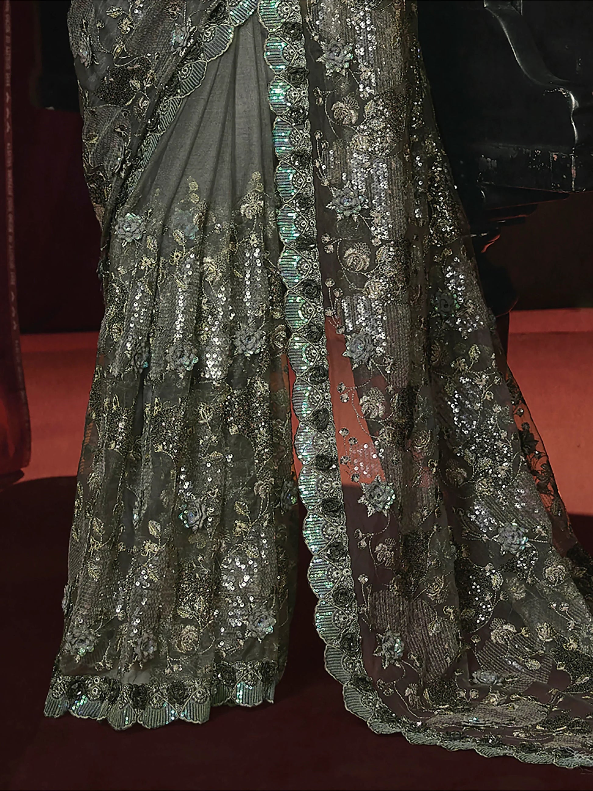 Awesome Sage Green Sequins Net Reception Wear Saree - Zeel Clothing