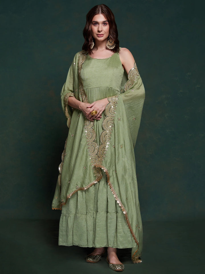Awesome Sea Green Georgette Event Wear Gown With Heavy Dupatta - Zeel Clothing