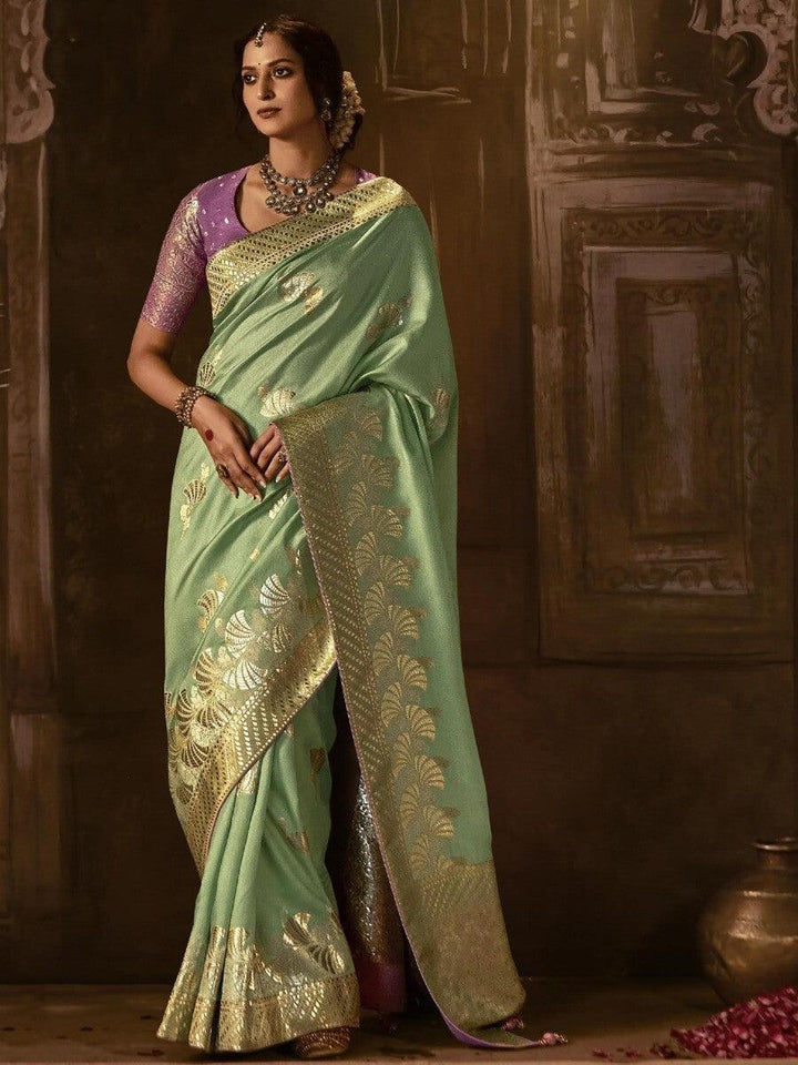 Awesome Sea Green Zari Woven Silk Designer Saree With Blouse