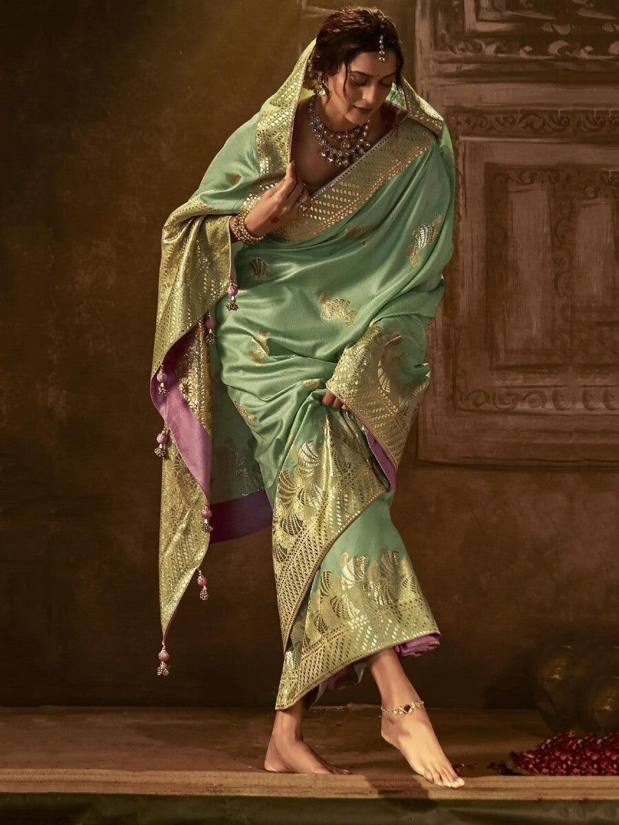 Awesome Sea Green Zari Woven Silk Designer Saree With Blouse