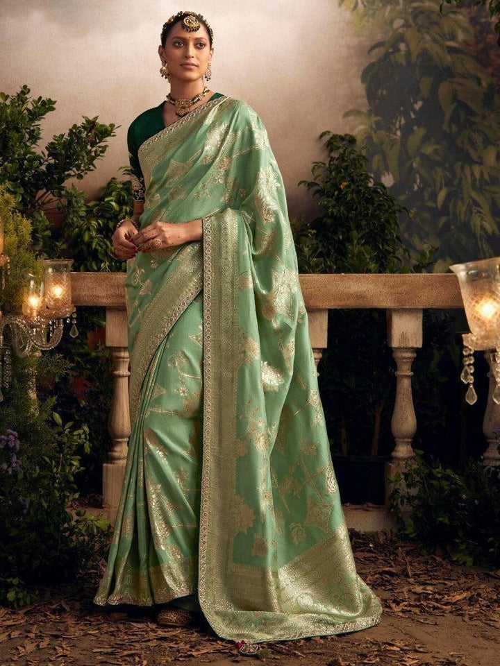 Awesome Sea Green Zari Woven Silk Engagement Wear Saree With Blouse