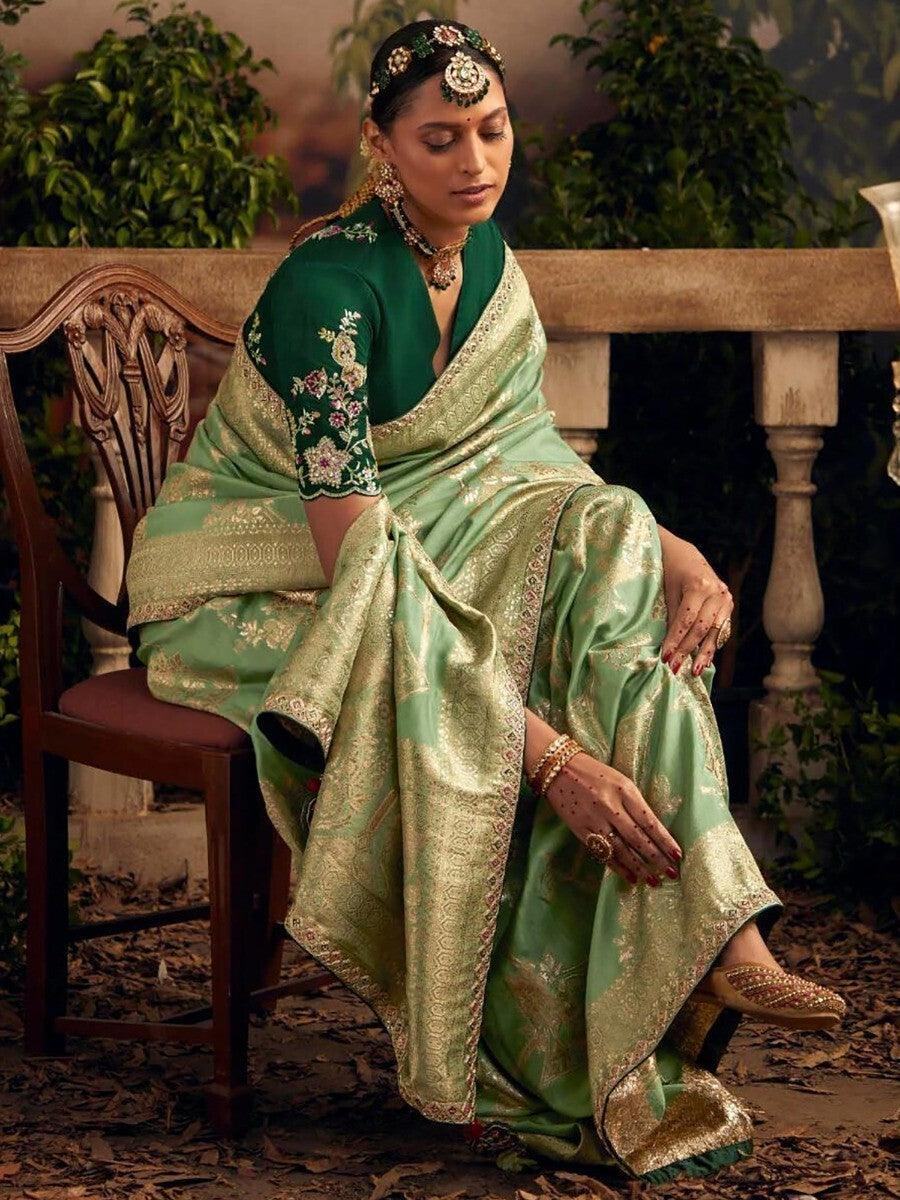 Awesome Sea Green Zari Woven Silk Engagement Wear Saree With Blouse
