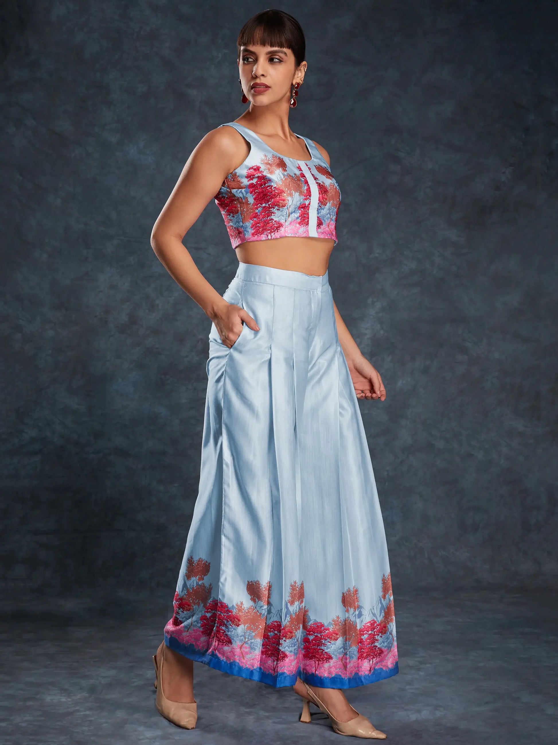 Awesome Sky Blue Digital Printed Linen Western Wear Co-Ord Set - Zeel Clothing