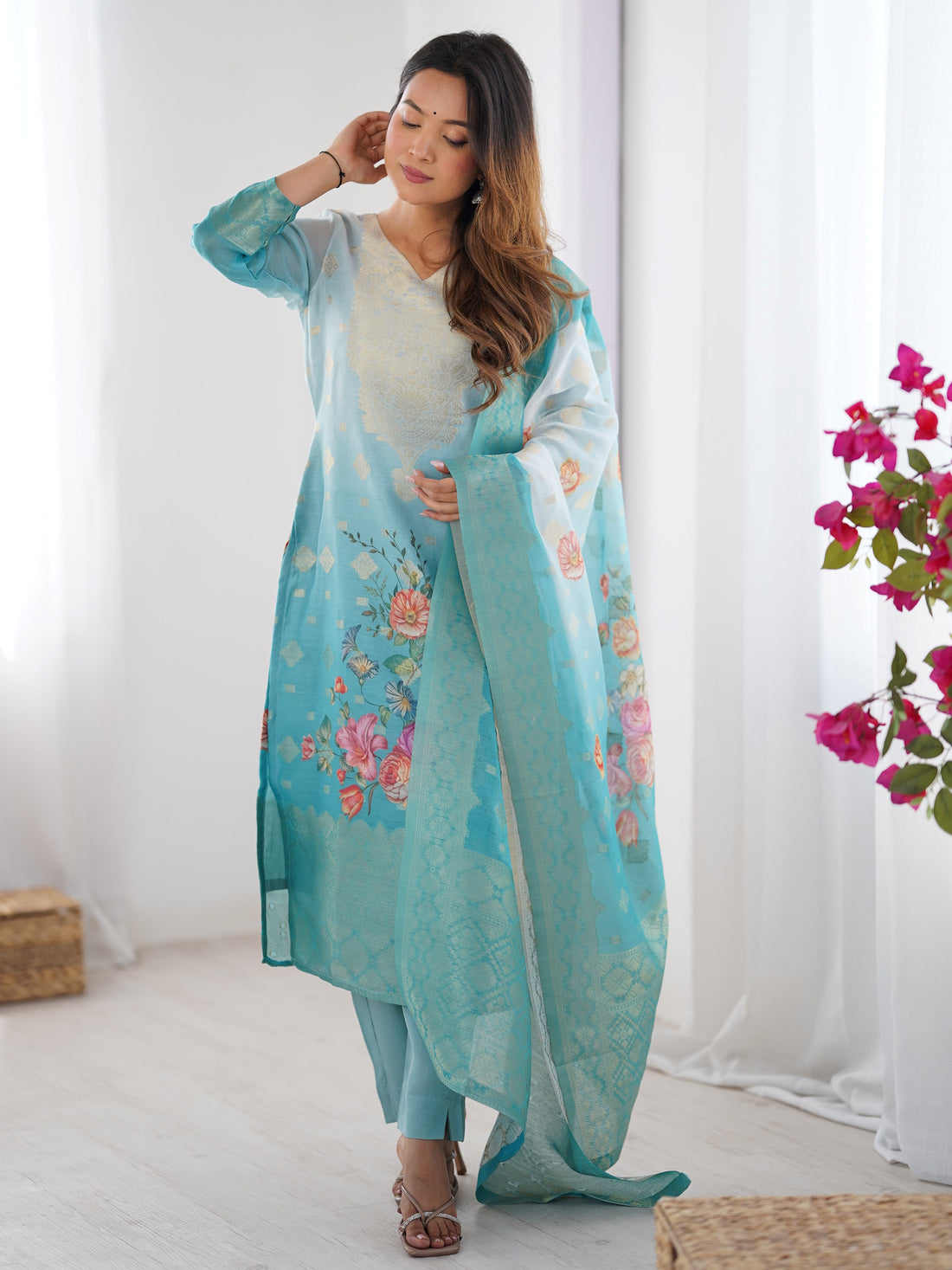 Awesome Sky Blue Floral Printed Chanderi Silk Wedding Wear Pant Suit - Zeel Clothing