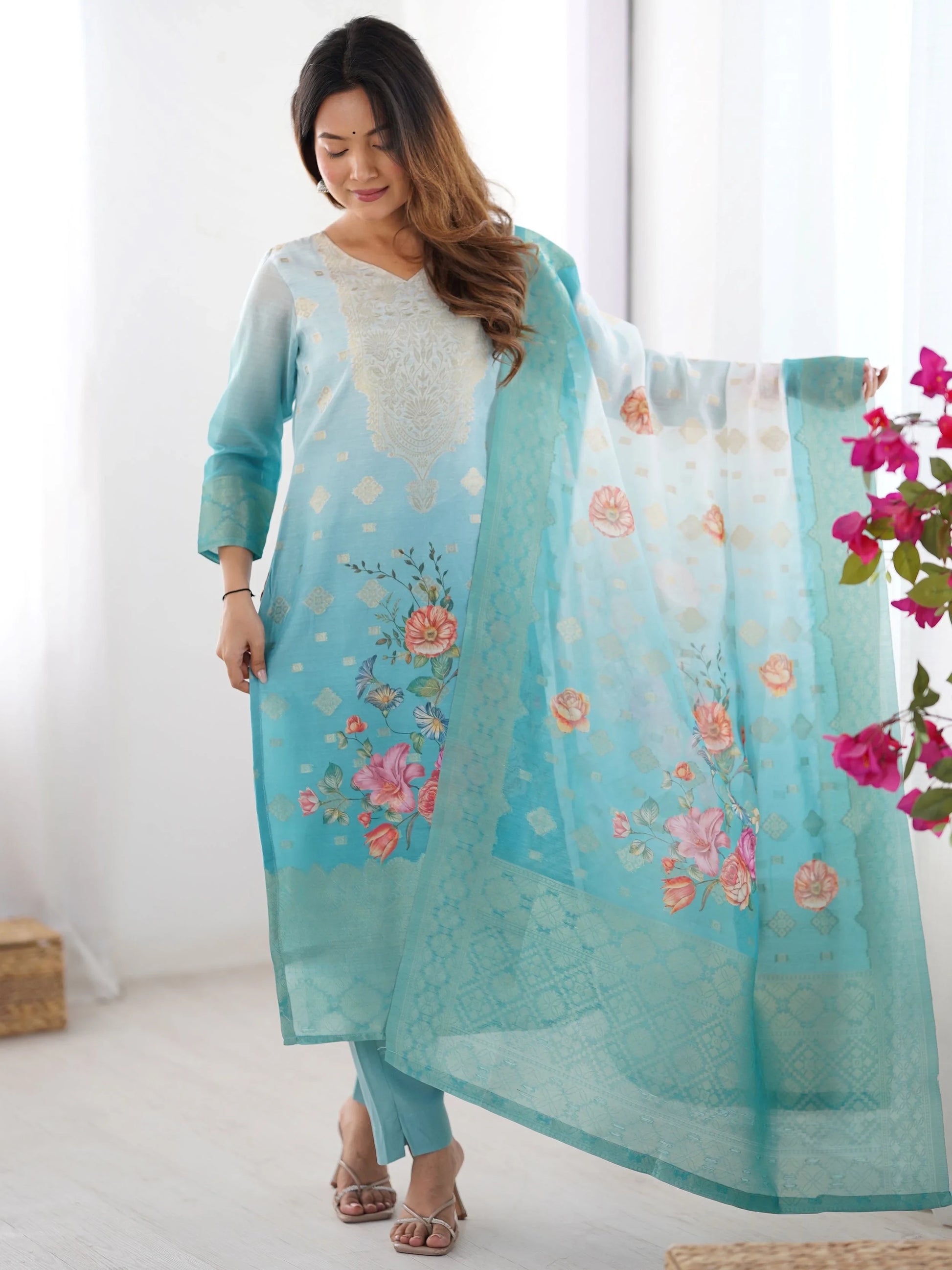 Awesome Sky Blue Floral Printed Chanderi Silk Wedding Wear Pant Suit - Zeel Clothing