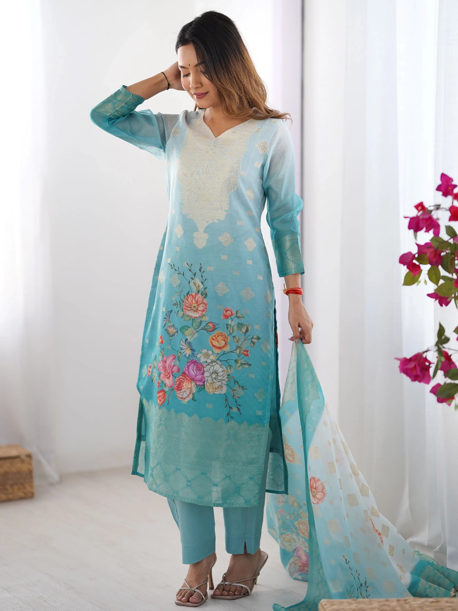 Awesome Sky Blue Floral Printed Chanderi Silk Wedding Wear Pant Suit - Zeel Clothing