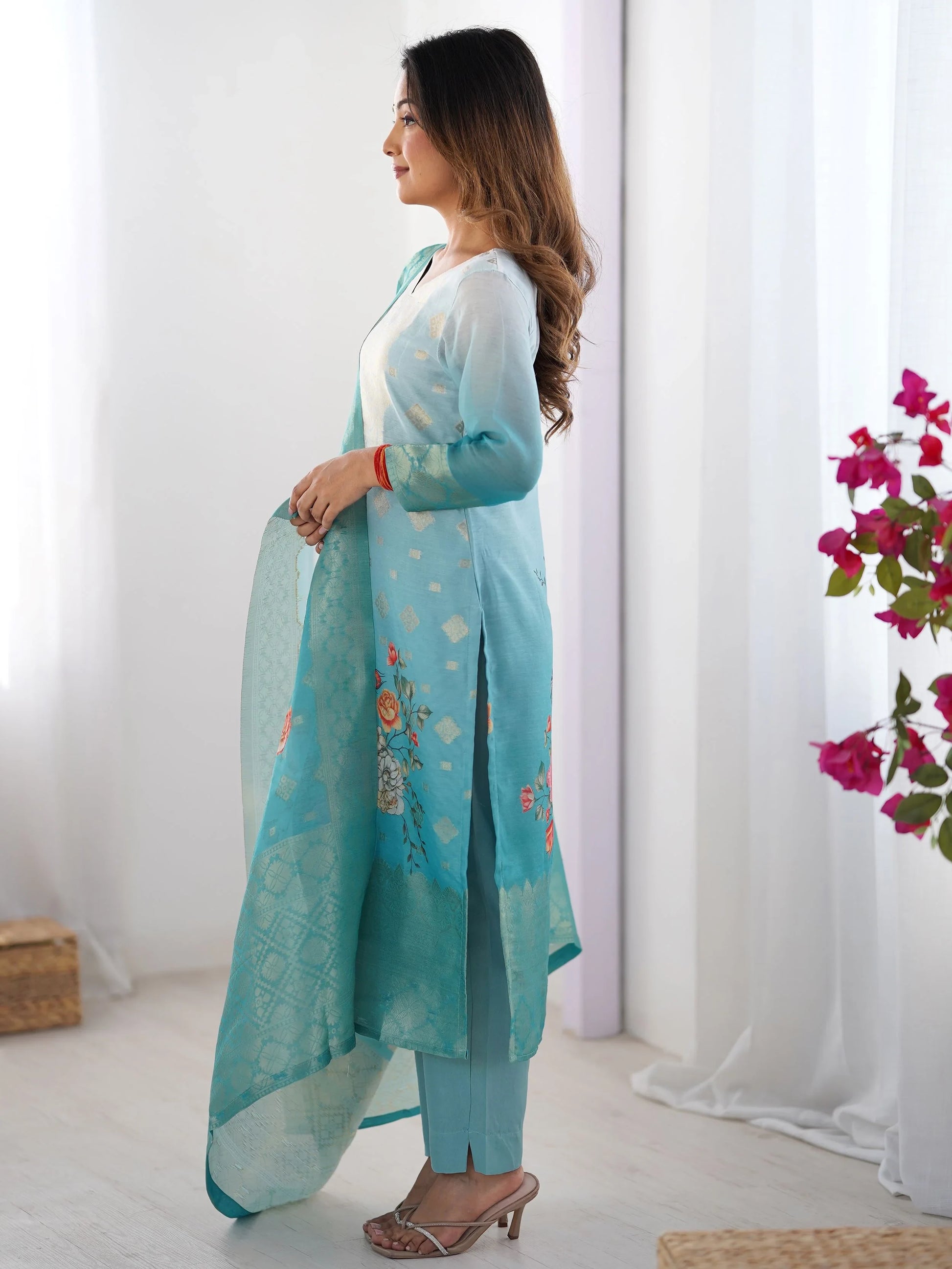Awesome Sky Blue Floral Printed Chanderi Silk Wedding Wear Pant Suit - Zeel Clothing