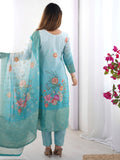 Awesome Sky Blue Floral Printed Chanderi Silk Wedding Wear Pant Suit - Zeel Clothing