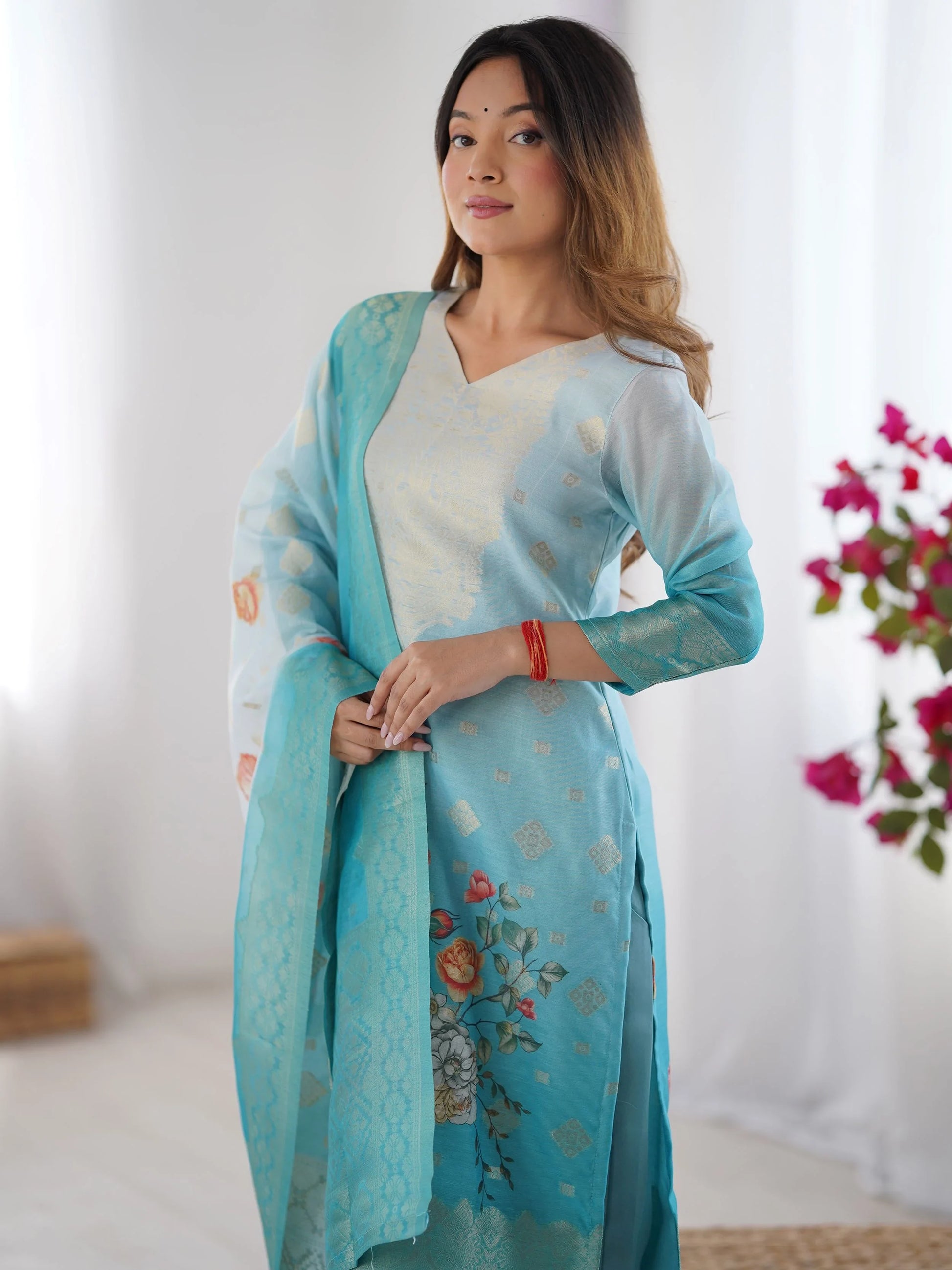 Awesome Sky Blue Floral Printed Chanderi Silk Wedding Wear Pant Suit - Zeel Clothing