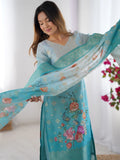 Awesome Sky Blue Floral Printed Chanderi Silk Wedding Wear Pant Suit - Zeel Clothing