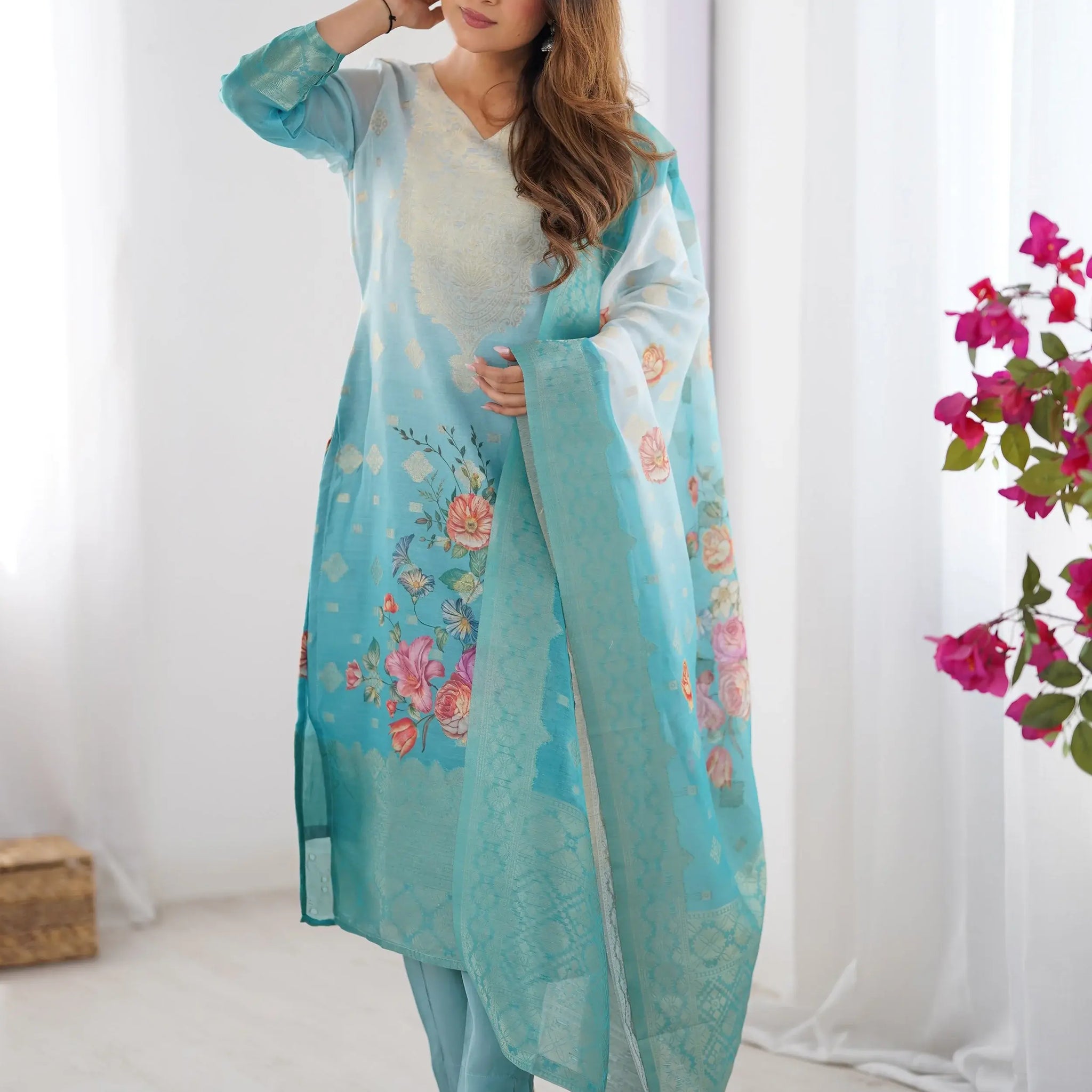 Awesome Sky Blue Floral Printed Chanderi Silk Wedding Wear Pant Suit - Zeel Clothing