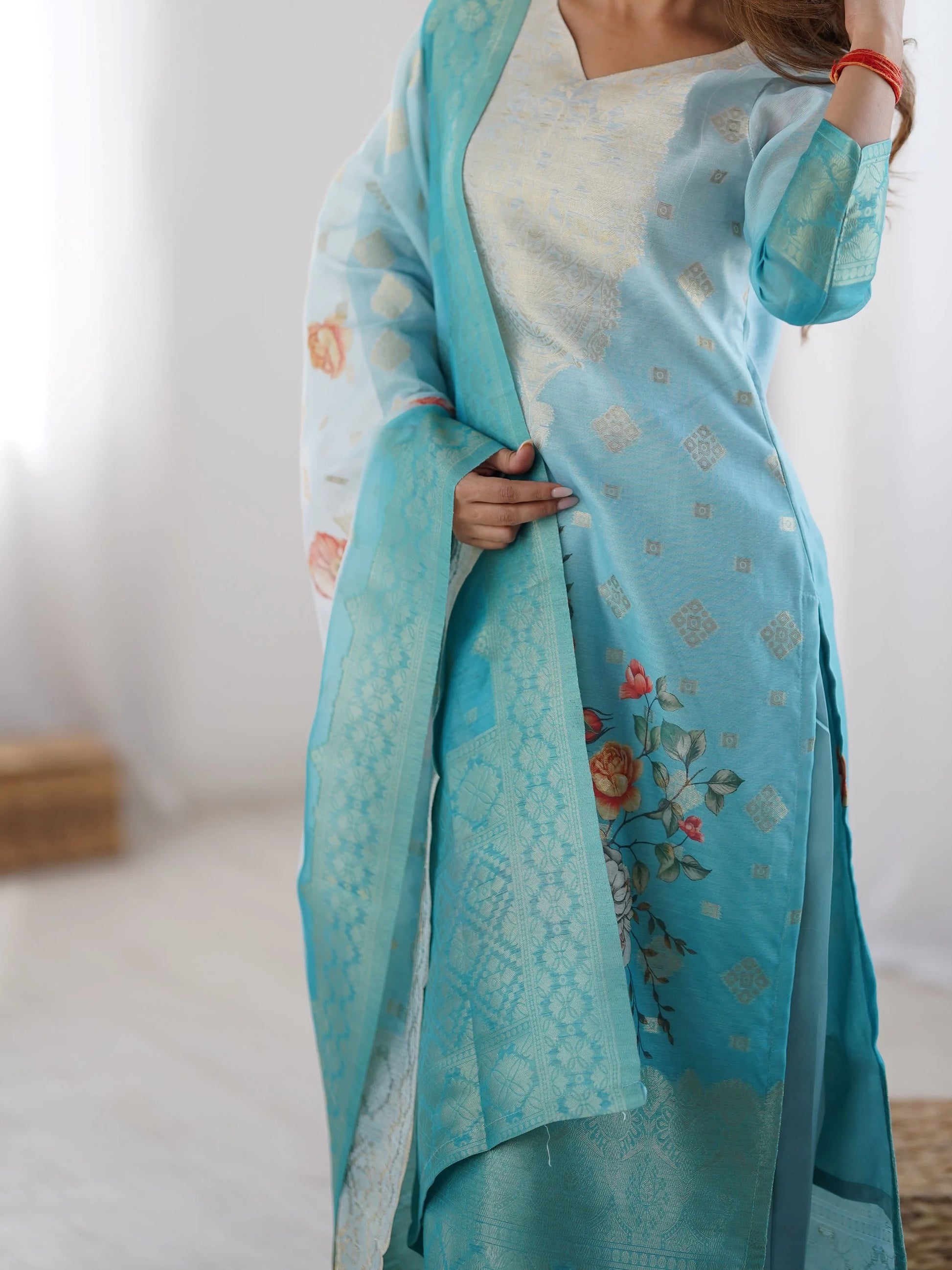 Awesome Sky Blue Floral Printed Chanderi Silk Wedding Wear Pant Suit - Zeel Clothing