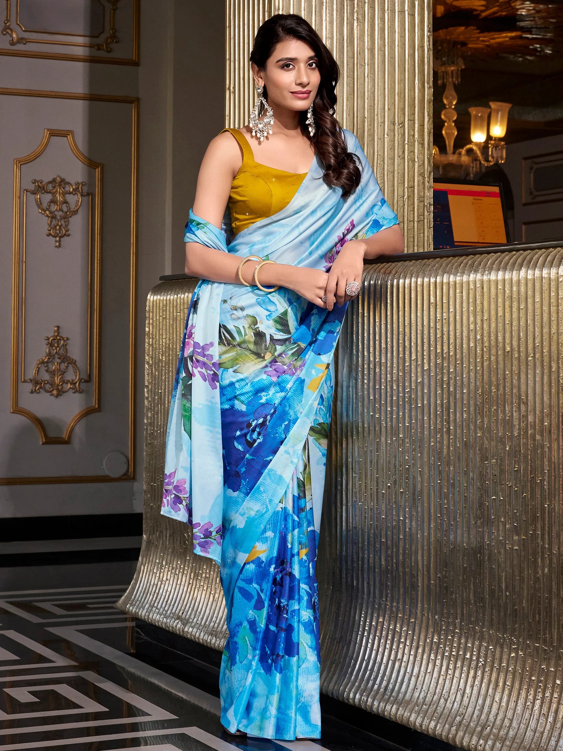 Awesome Sky-Blue Floral Printed Satin Party Wear Saree With Blouse - Zeel Clothing