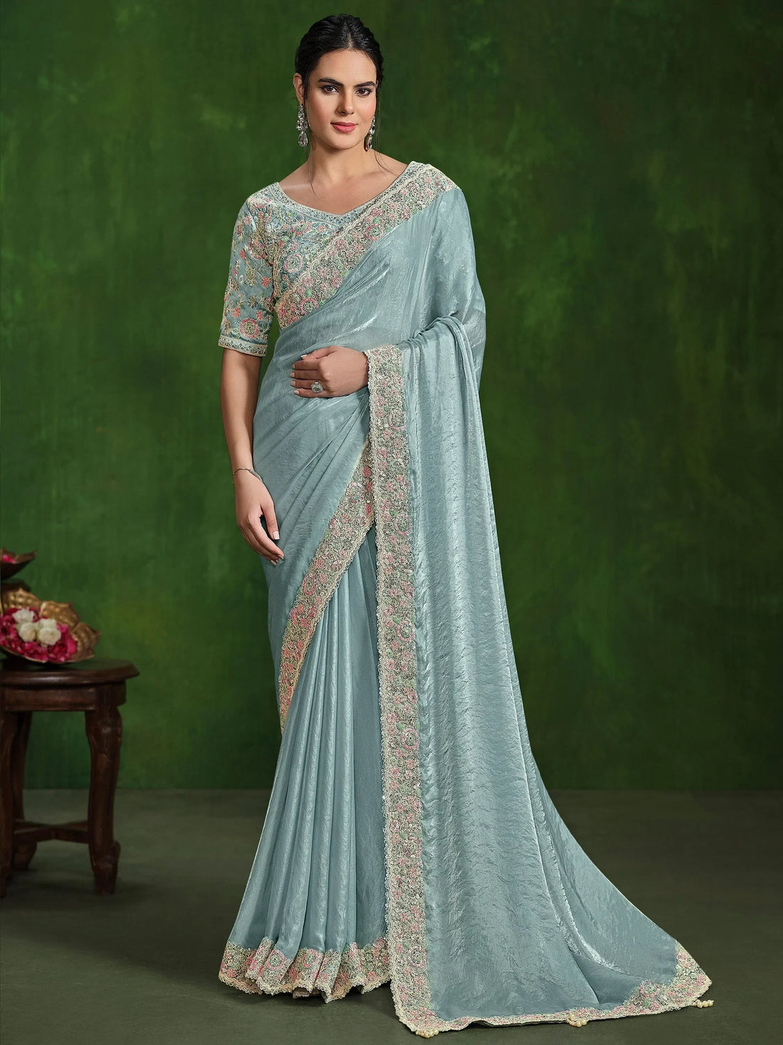 Awesome Sky-Blue Heavy Border Work Satin Wedding Wear Saree - Zeel Clothing