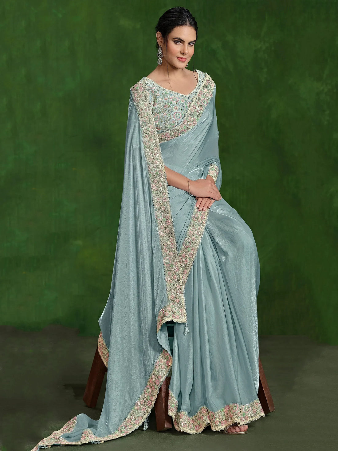 Awesome Sky-Blue Heavy Border Work Satin Wedding Wear Saree - Zeel Clothing