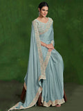 Awesome Sky-Blue Heavy Border Work Satin Wedding Wear Saree - Zeel Clothing