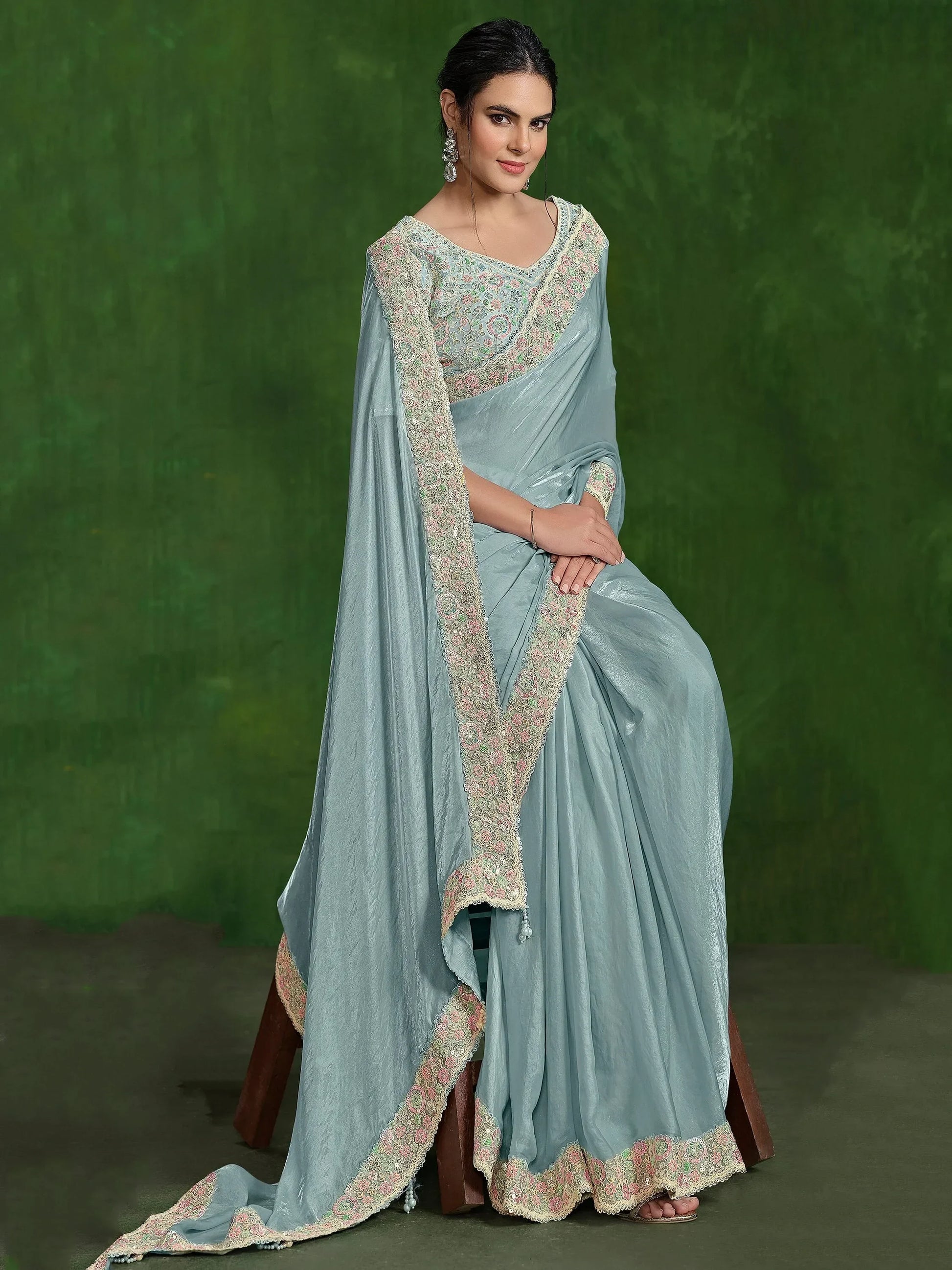 Awesome Sky-Blue Heavy Border Work Satin Wedding Wear Saree - Zeel Clothing